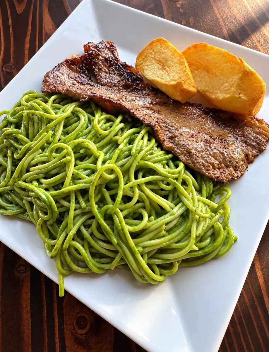 Tallarín verde con bistec