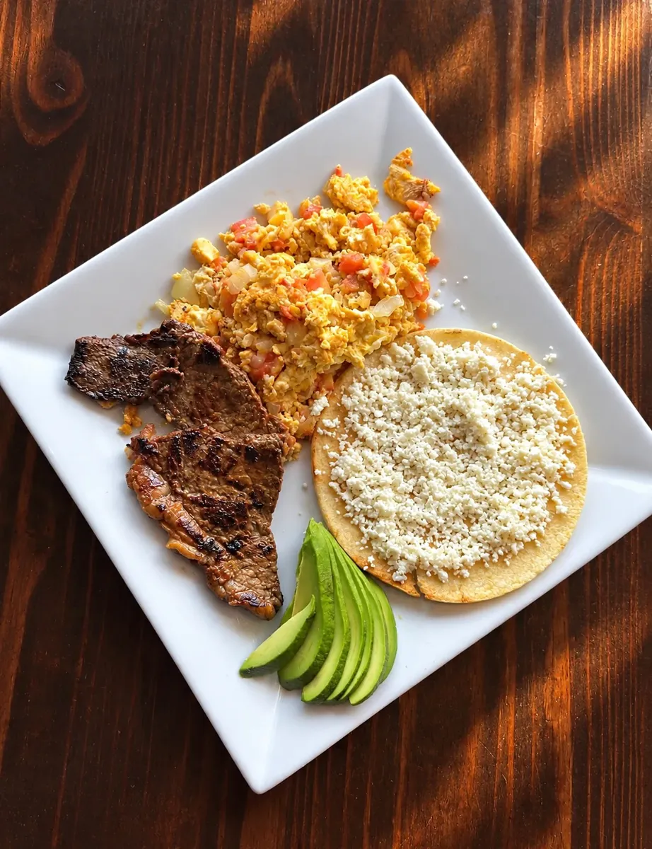 Tostadas with steak, eggs and avocado