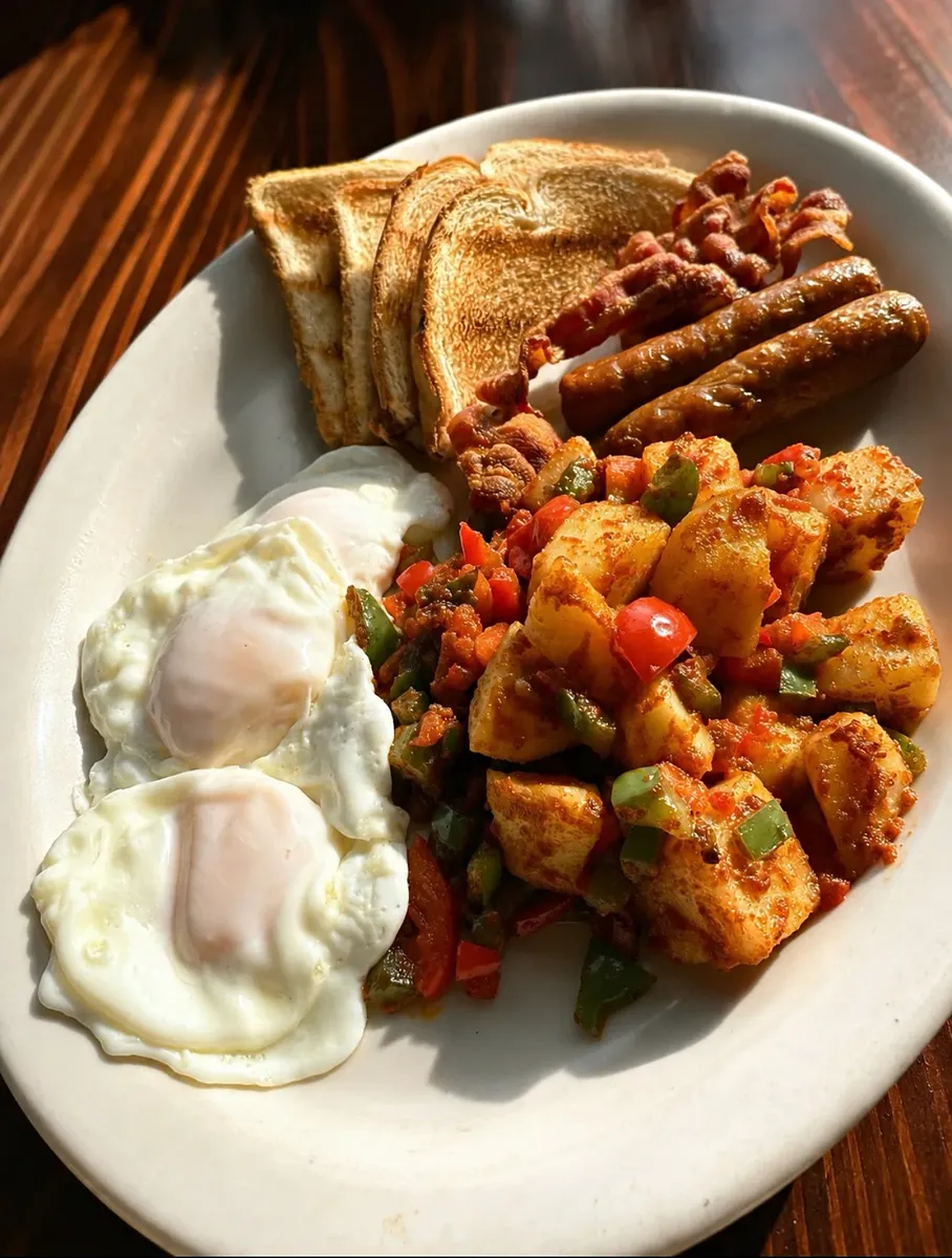 Breakfast: fried eggs, home fries, sausage, bacon and toast