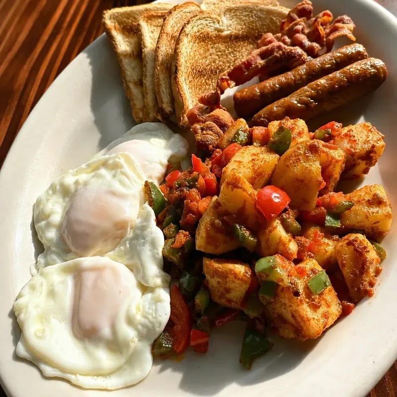 Breakfast: fried eggs, home fries, sausage, bacon and toast